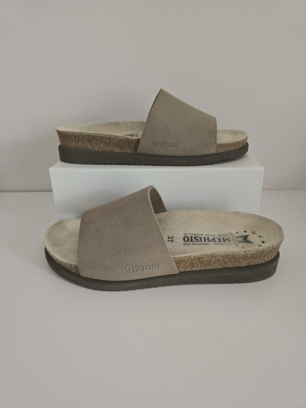 Mephisto Hanik Warm Grey Leather Slip On Slide Cork Mule Sandals 7 37 Shoes